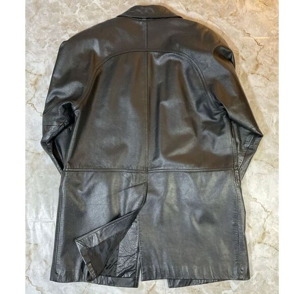 Vintage Leather Coat Jacket Black Knee Length Button Front Career - Picture 10 of 11